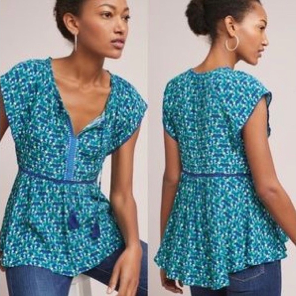 Anthropologie Blue Treme Tassel Tie Front Blouse NWT Size SP - Picture 2 of 6